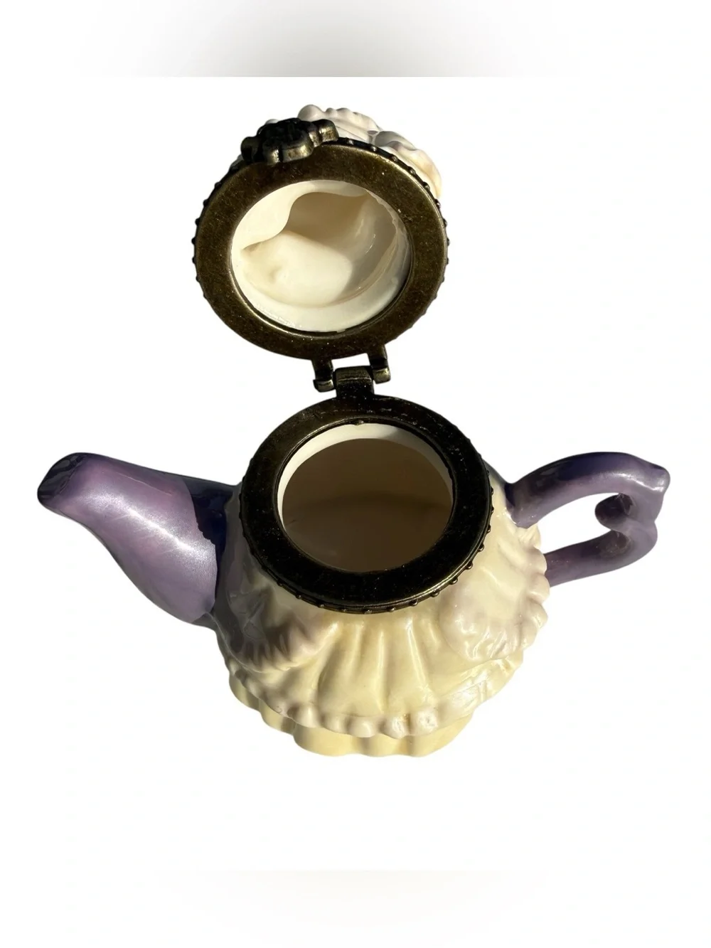 Vintage Dress Teapot Trinket Box Ceramic Hinged Jewelry Box Cottagecore Decor 3”